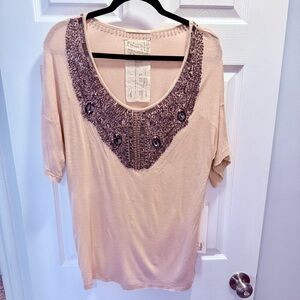 Anthropologie by Jaunt Elegant Rose Beige Embellished Women's Top